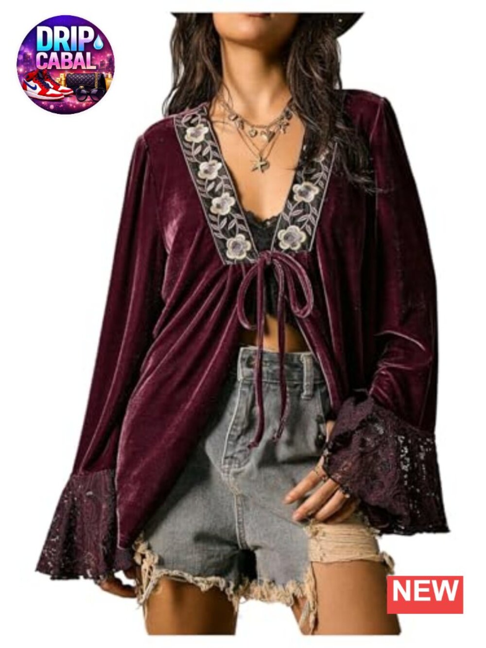 Women's Lace Long Sleeve Velvet Blouse Tie Front Floral Deep V Neck Top